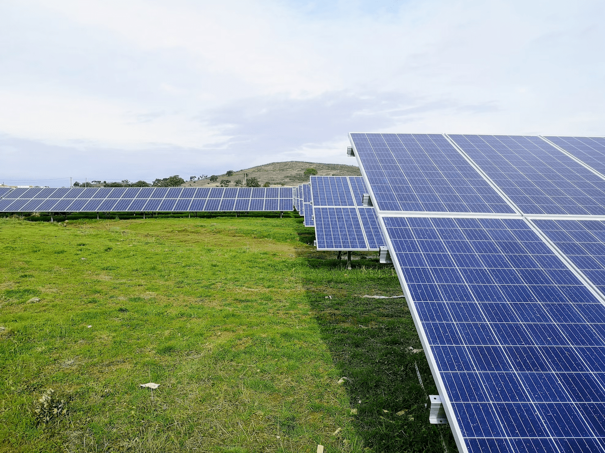 Pannelli fotovoltaici policristallini su campo erboso